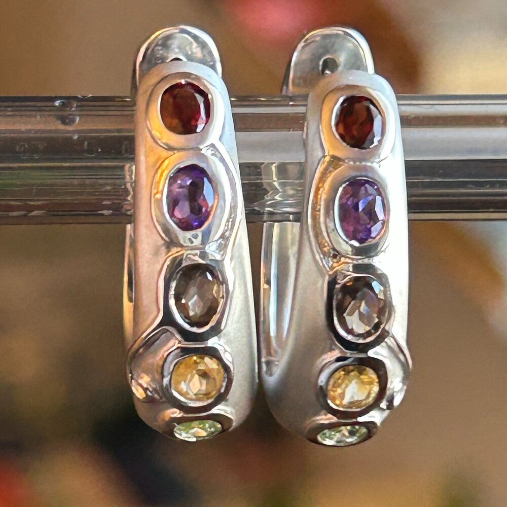 Sterling Silver Multicolor Gemstone Hoop Earrings
